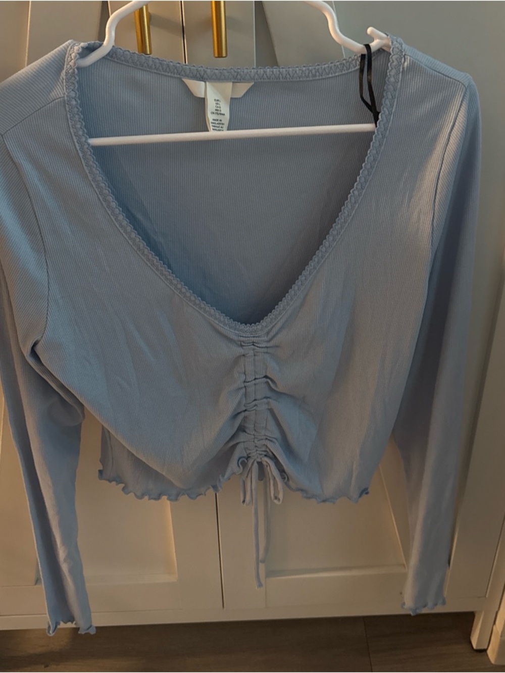 H&M Light Blue Ruched V-Neck Long Sleeve Top
